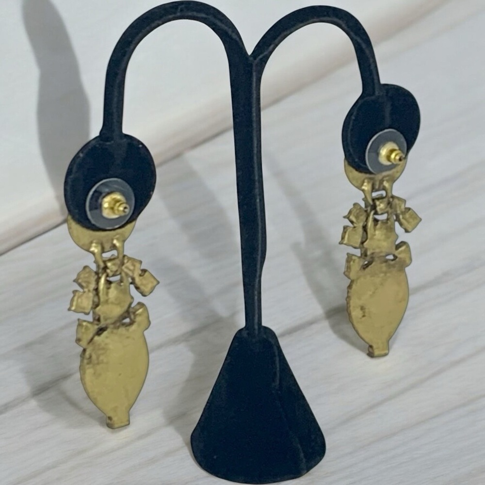 Vintage Gold Tone, Rhinestone, Green, & Tan Stud Dangle Earrings - Picture 5 of 5